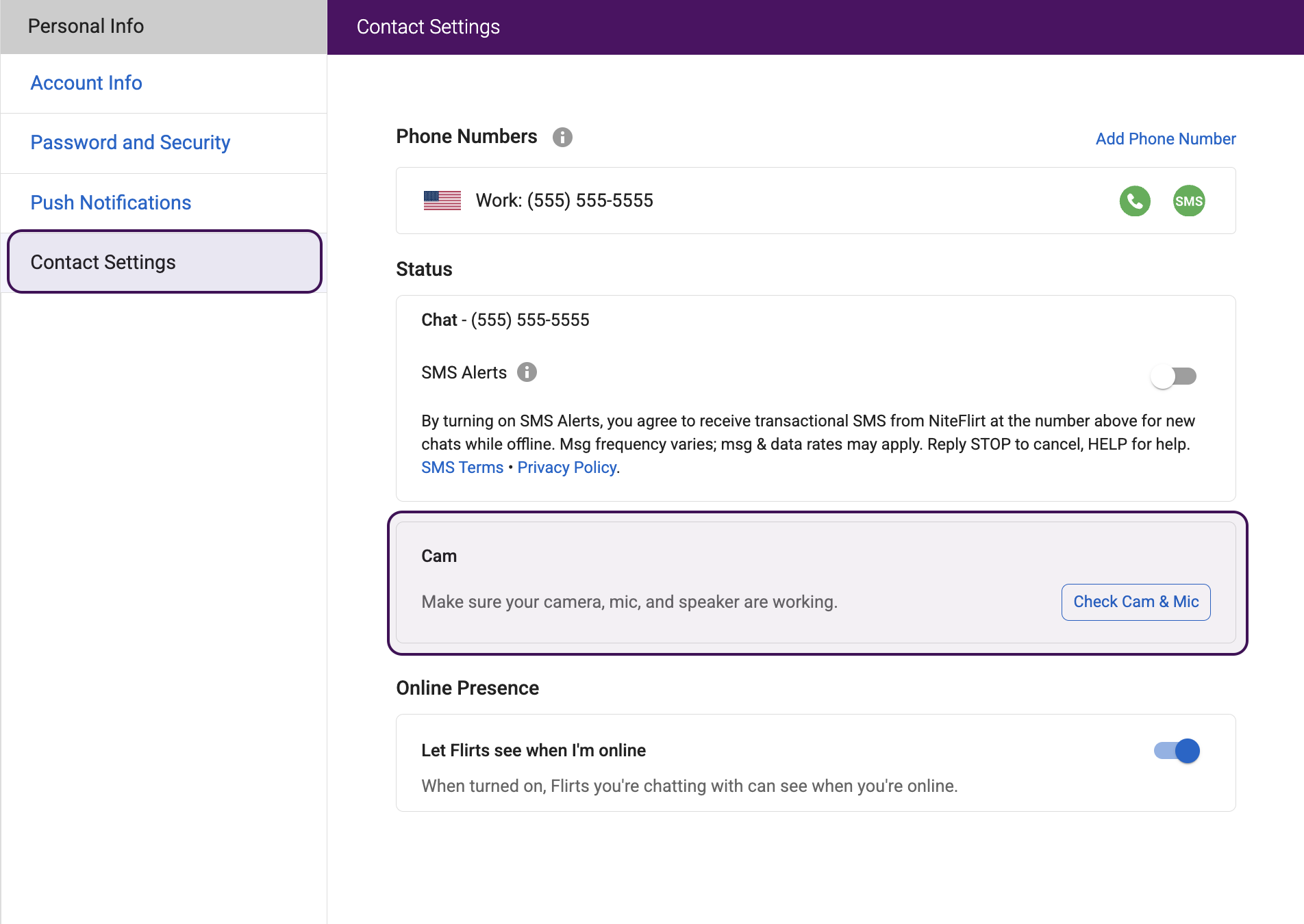 Cam and Mic Check in Contact Settings