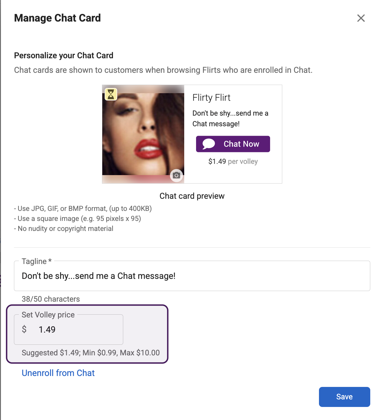 Set Volley Price section on Chat Card page