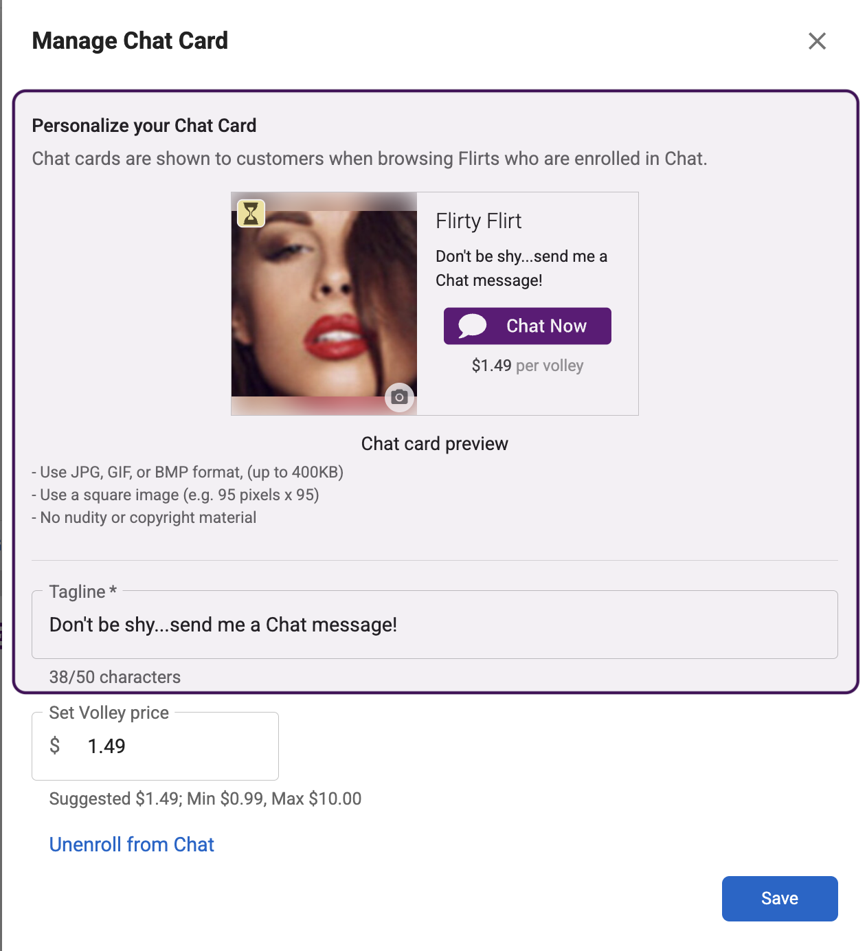 Chat Card personalization section with preview