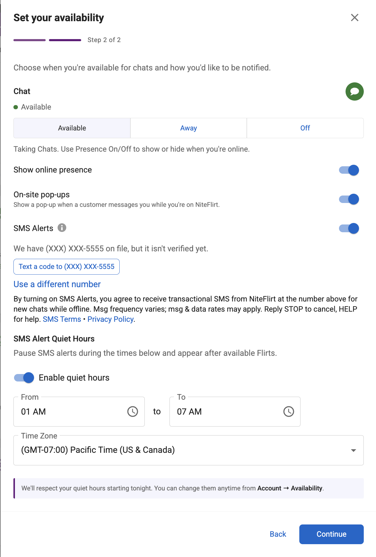 Set Chat availability and alert settings