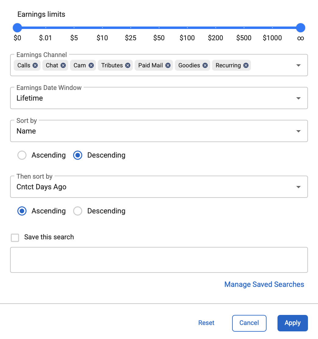 Advanced Filtering earnings and sort options