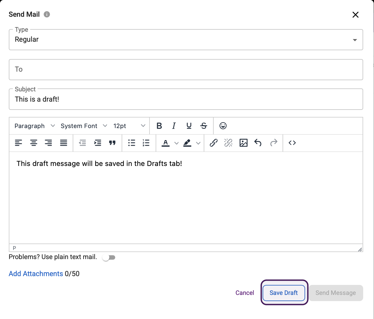 Save Draft option while composing NF Mail