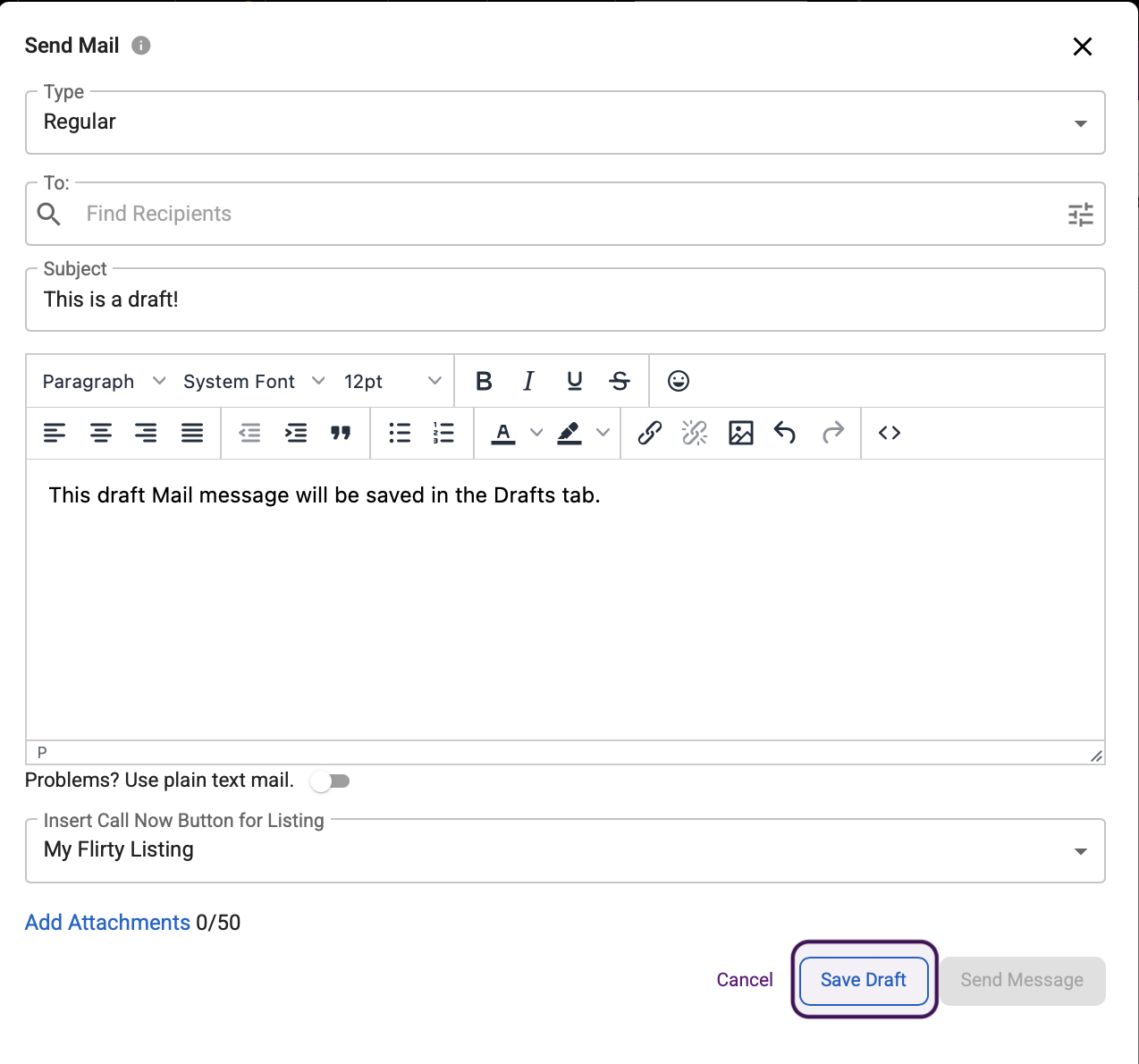 Save Draft option while composing NF Mail