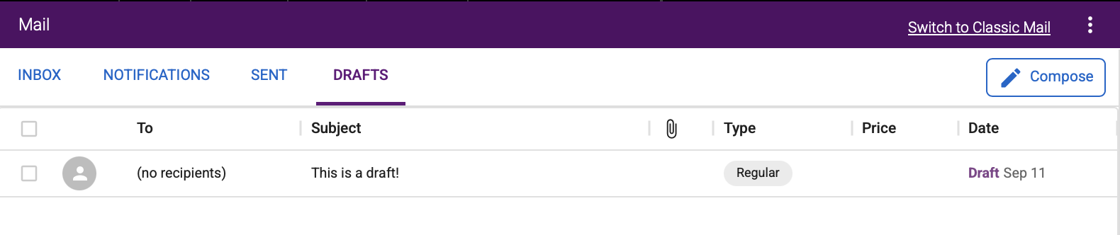 Drafts tab in the NF Mail Center