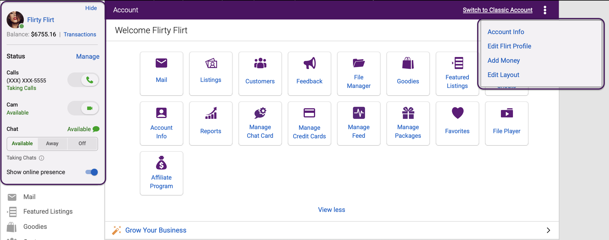 Account navigation panel showing Call, Cam, Chat, and Online Presence status controls