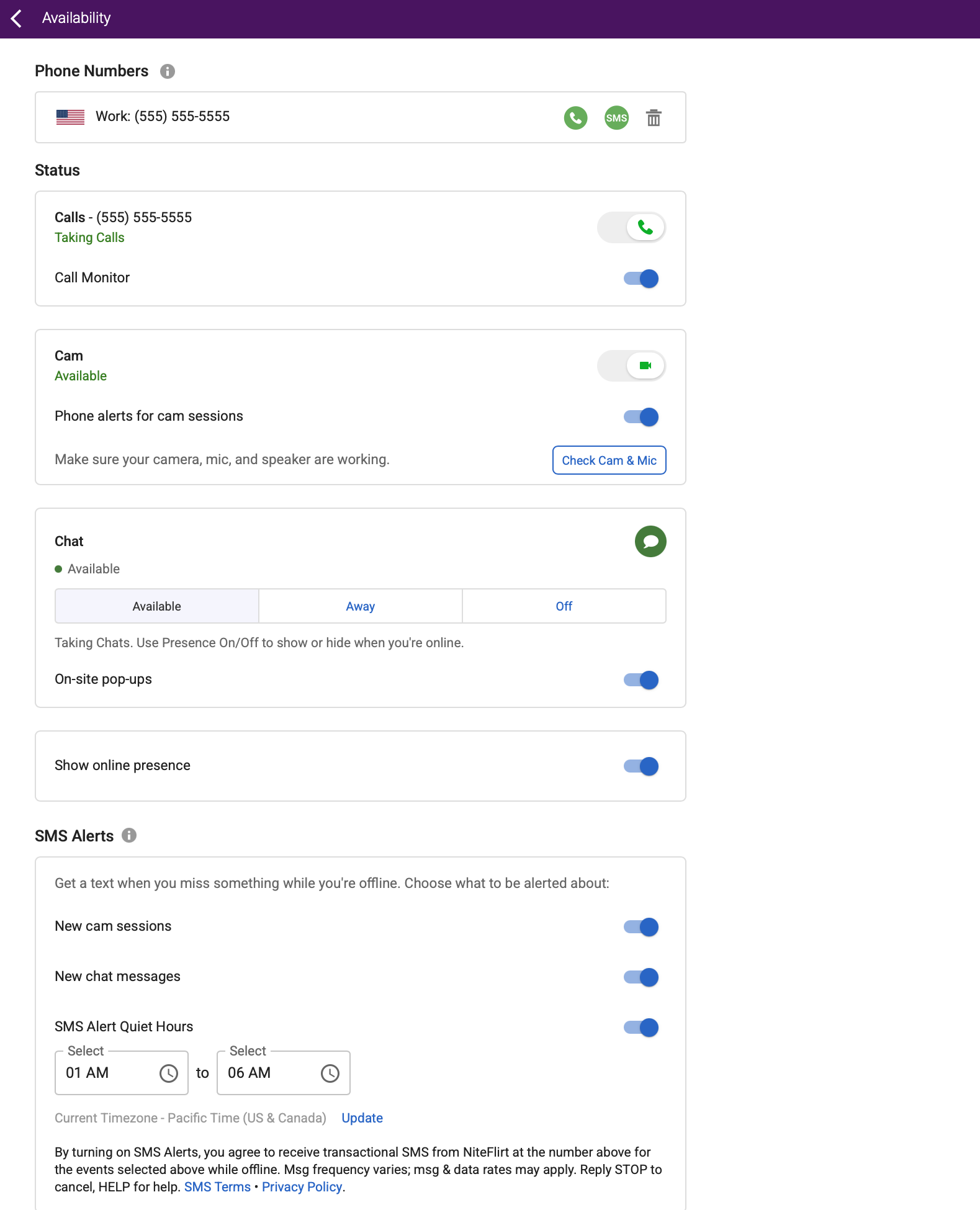 Availability page