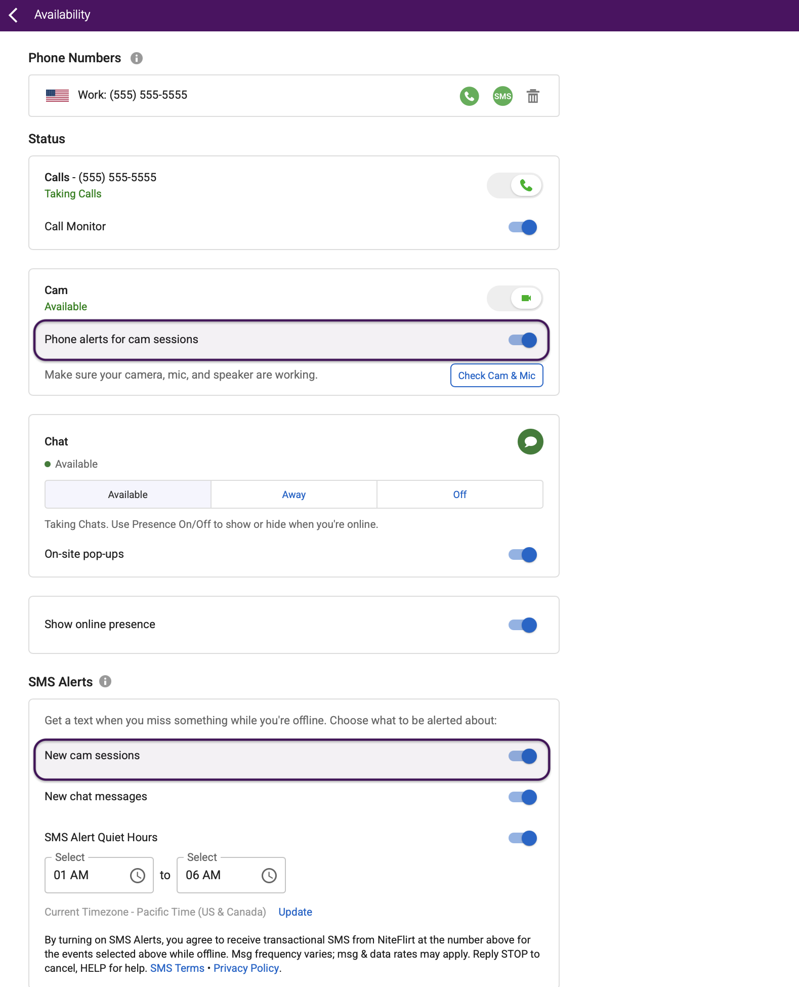 Availability page showing Phone alerts for cam sessions and New cam sessions SMS alerts