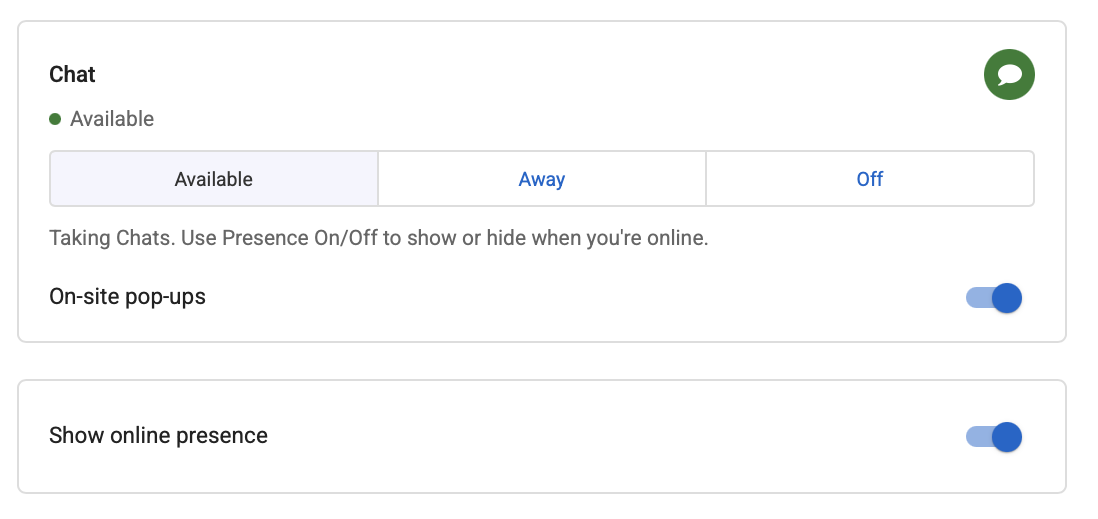 Chat Status, On-site pop-ups, and Show online presence settings