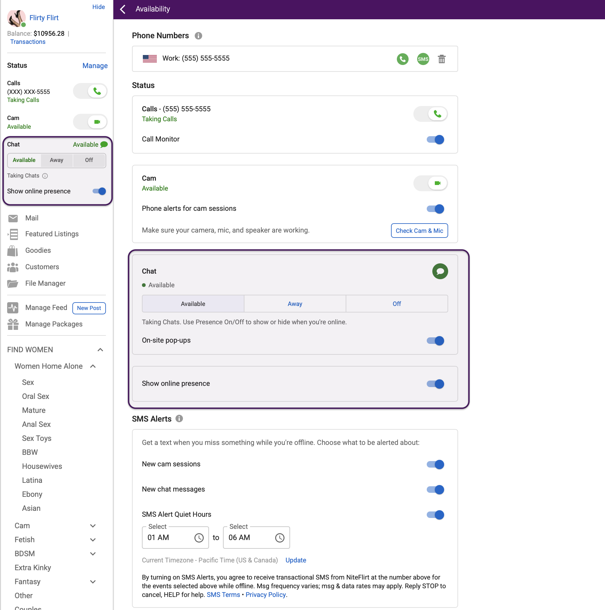 Availability page showing Chat Status, Online Presence, and alert settings