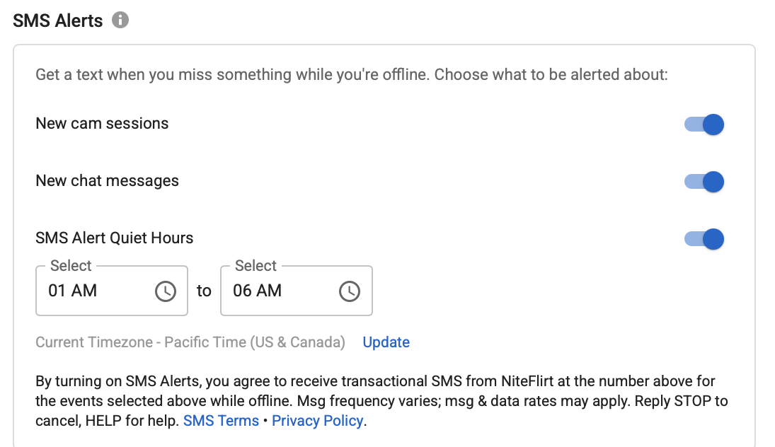 SMS Alerts for new Cam Sessions and Chat messages with SMS Alert Quiet Hours