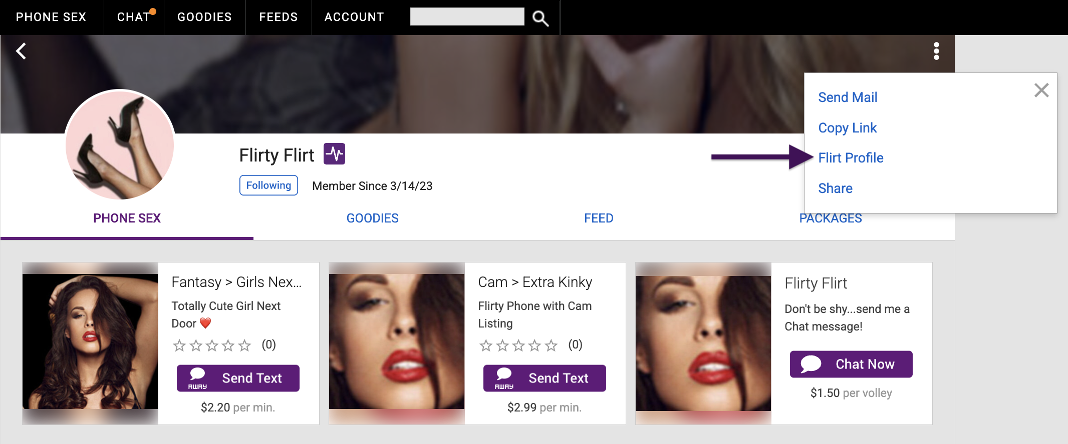 Customer view of a Storefront with Flirt Profile selected from the menu