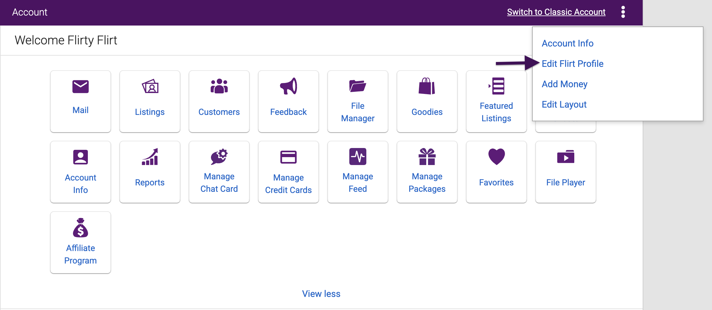 Account page menu with Edit Flirt Profile selected