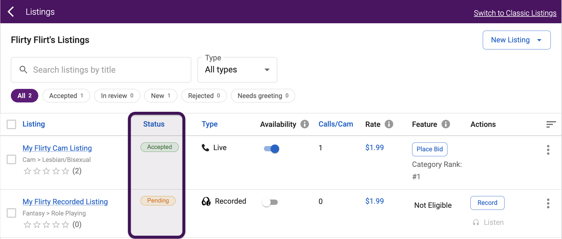 Listings page showing the Status column