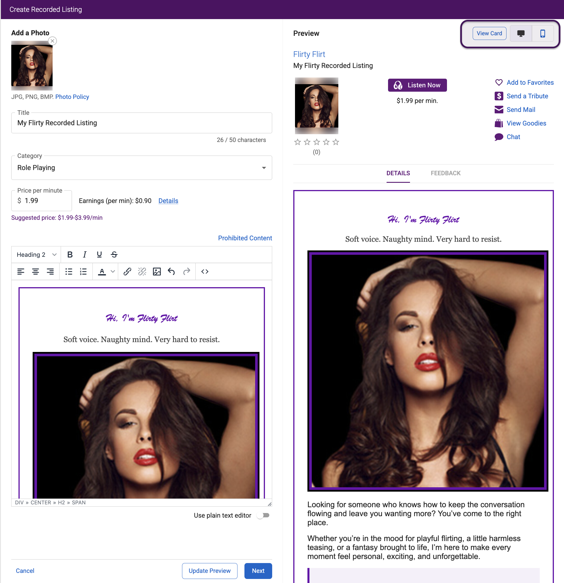 Completed Recorded Listing with customer preview