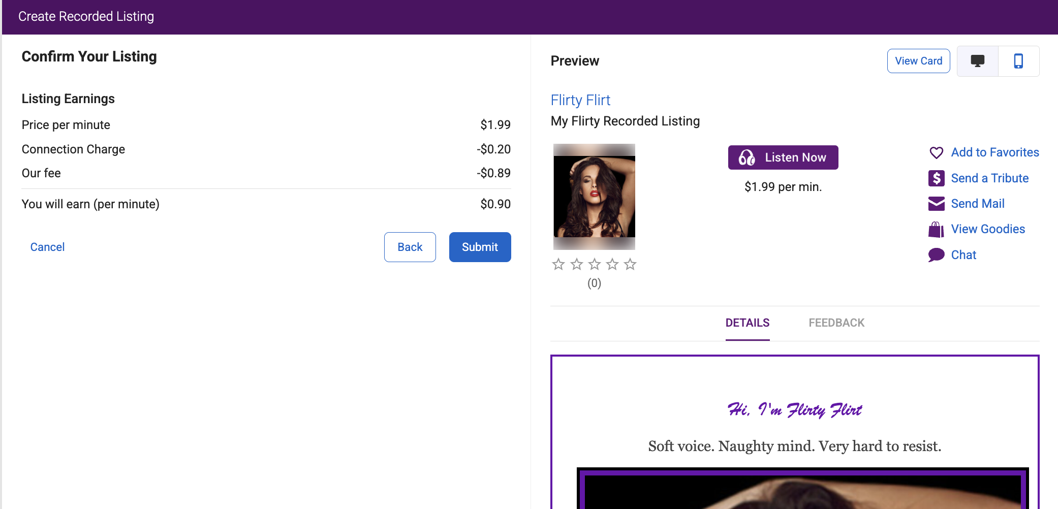 Confirm Recorded Listing page with Listing Earnings and preview