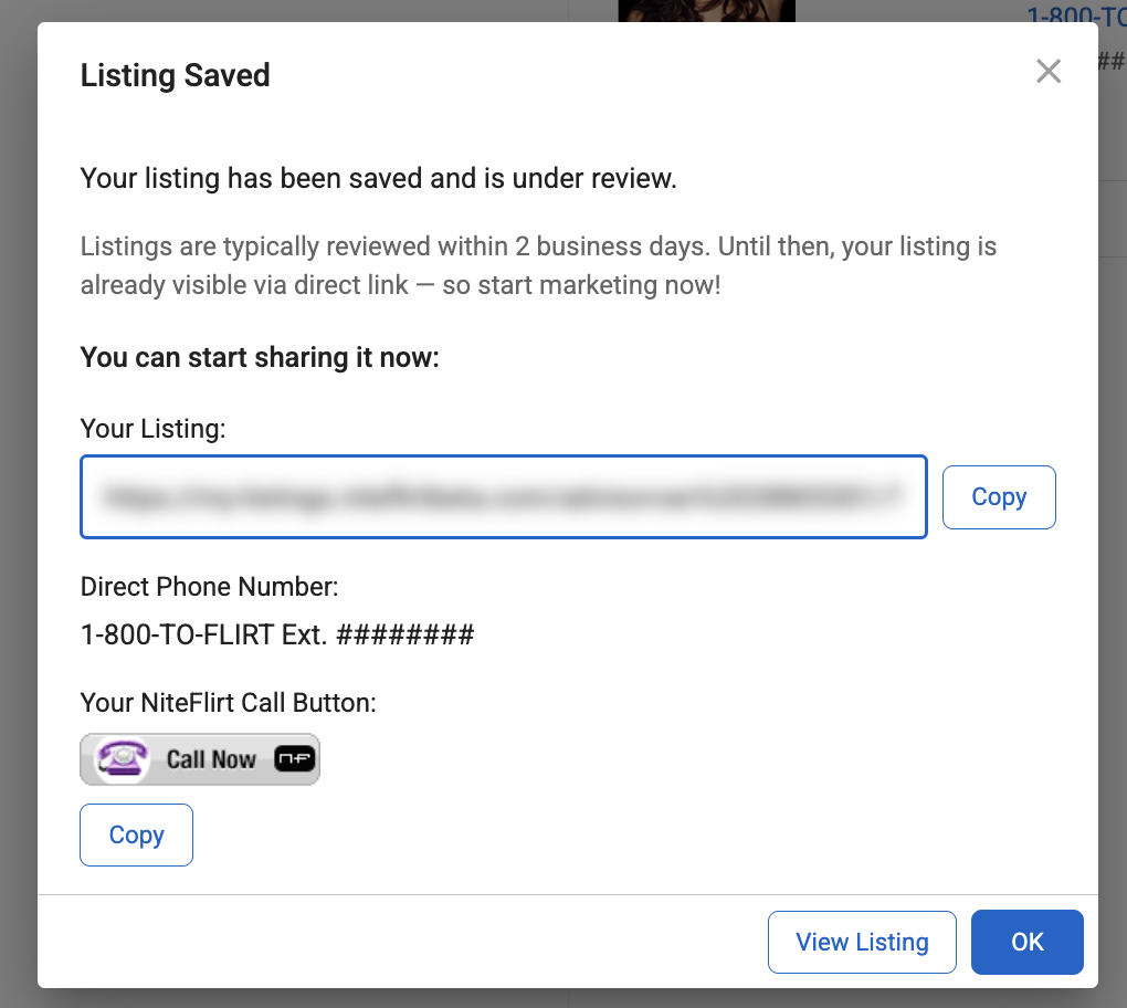 Listing Saved confirmation with Listing link, Direct Phone Number, and NiteFlirt Call Button