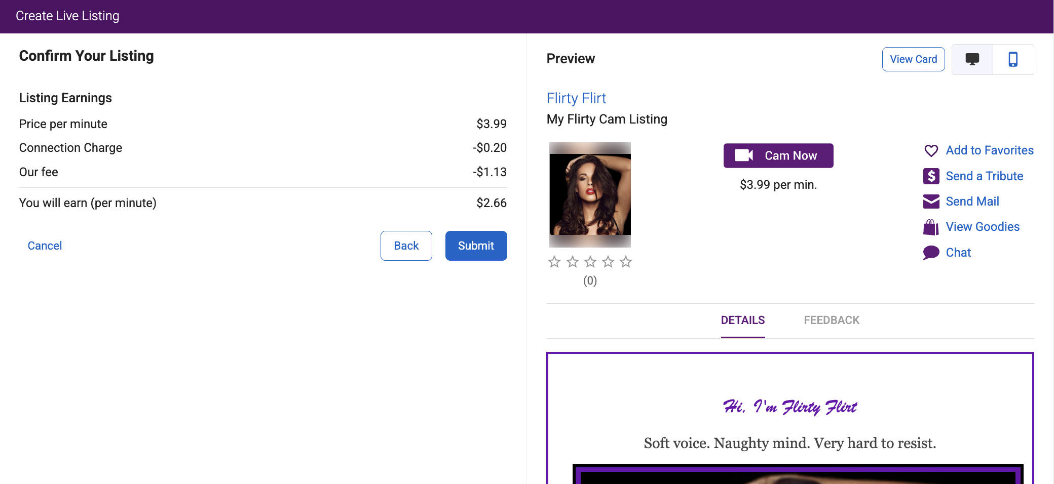 Confirm Your Listing page showing Cam Listing earnings and preview