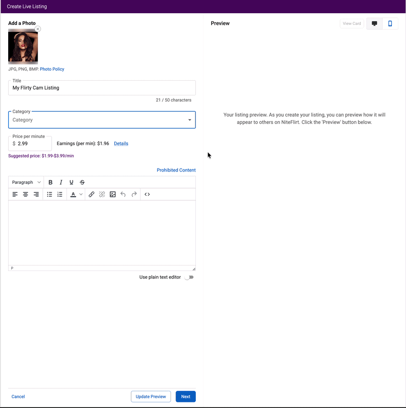Selecting the Cam category while creating a Live Listing