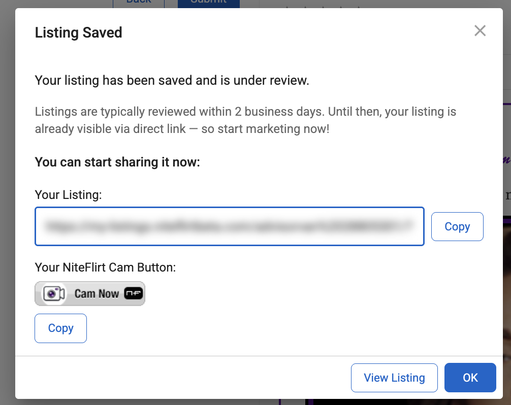 Listing Saved confirmation with Cam Listing link and NiteFlirt Cam Button