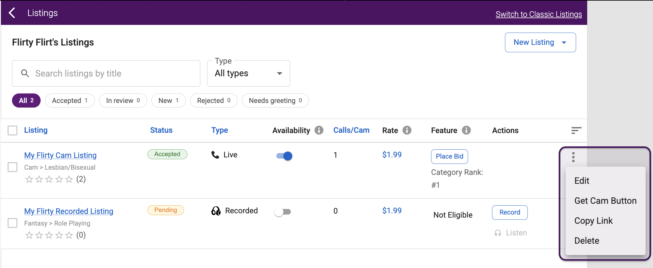 Listing actions menu with Edit, Get Cam Button, Copy Link, and Delete options
