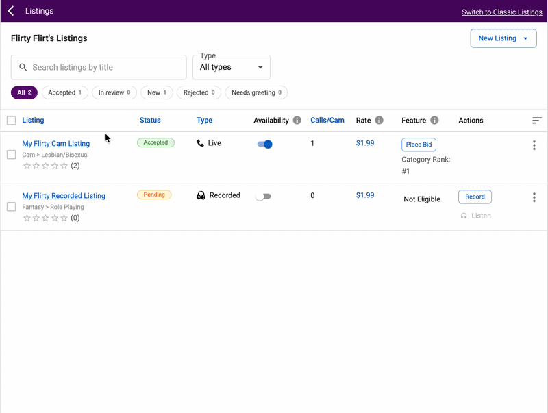 Using the Change Availability icon to update multiple Listings