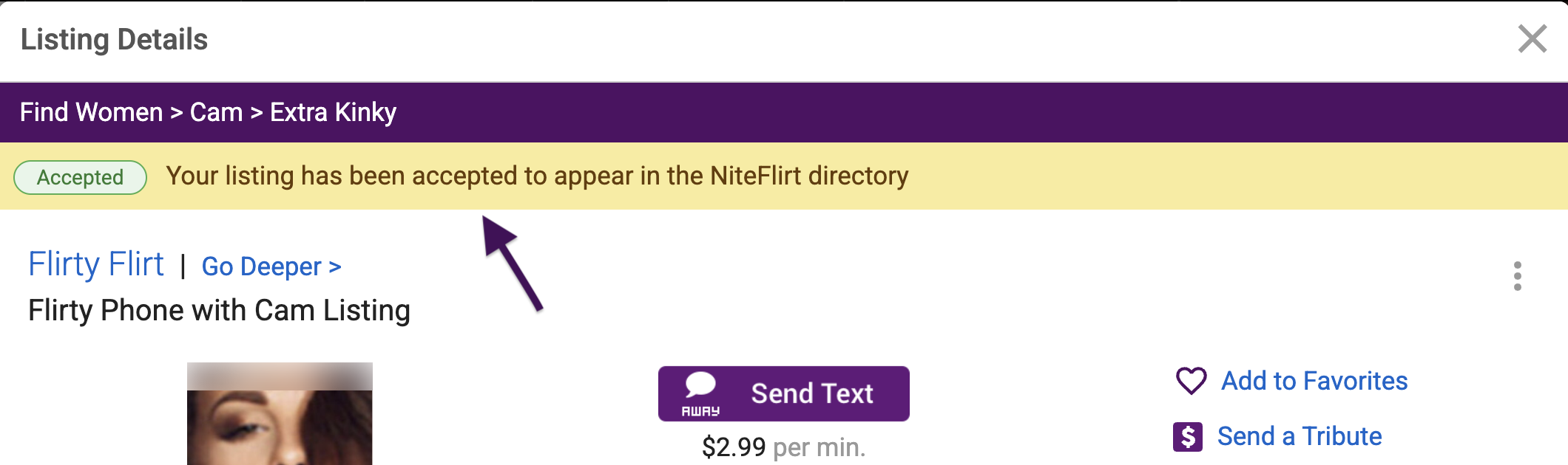 Yellow Listing status banner on the Listing Details page