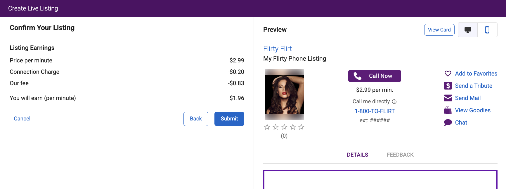 Confirm Live Listing page with Listing Earnings and preview