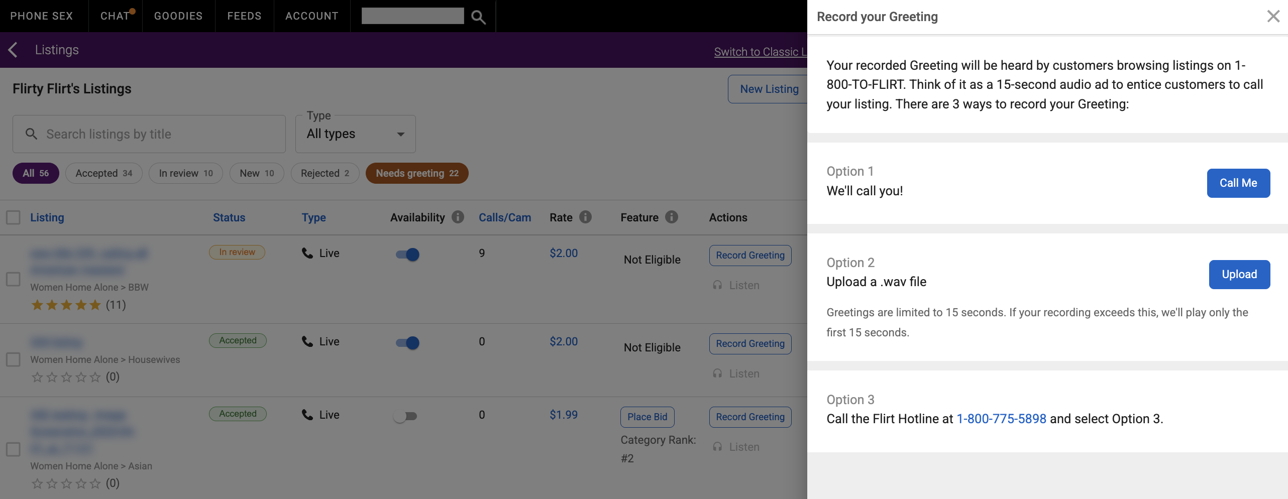Record your Greeting window showing Call Me, Upload, and Flirt Hotline recording options