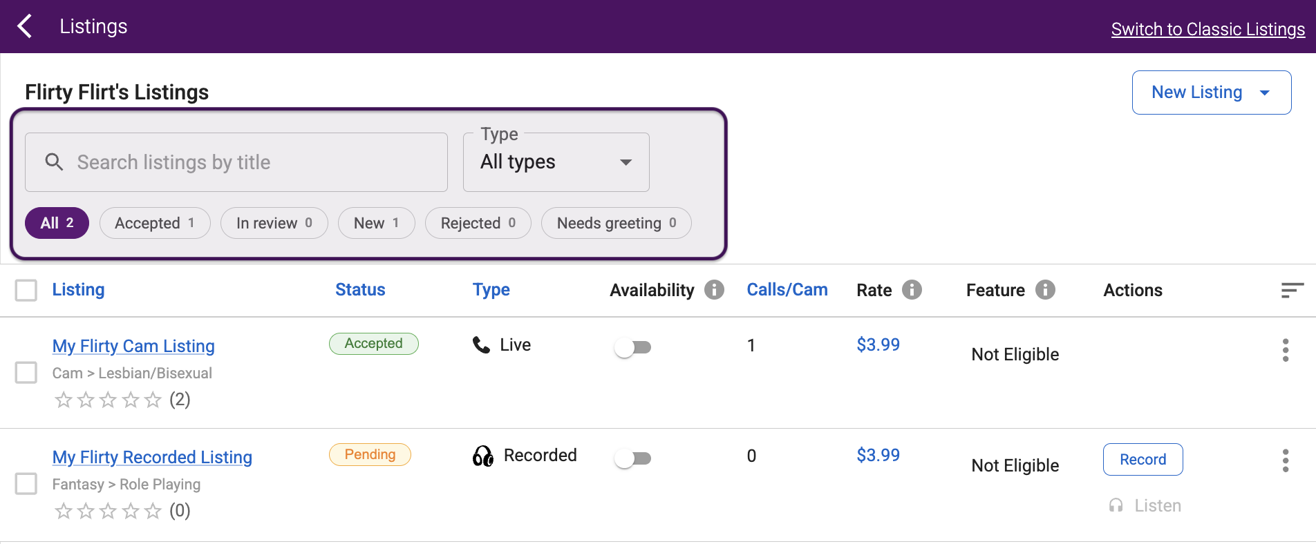 Search, type, and status filters on the Listings page