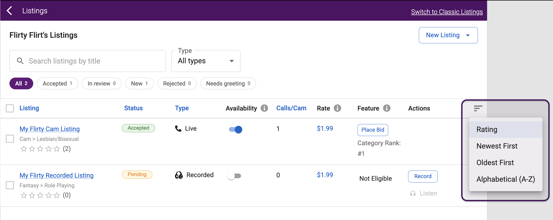 Sorting options on the Listings page