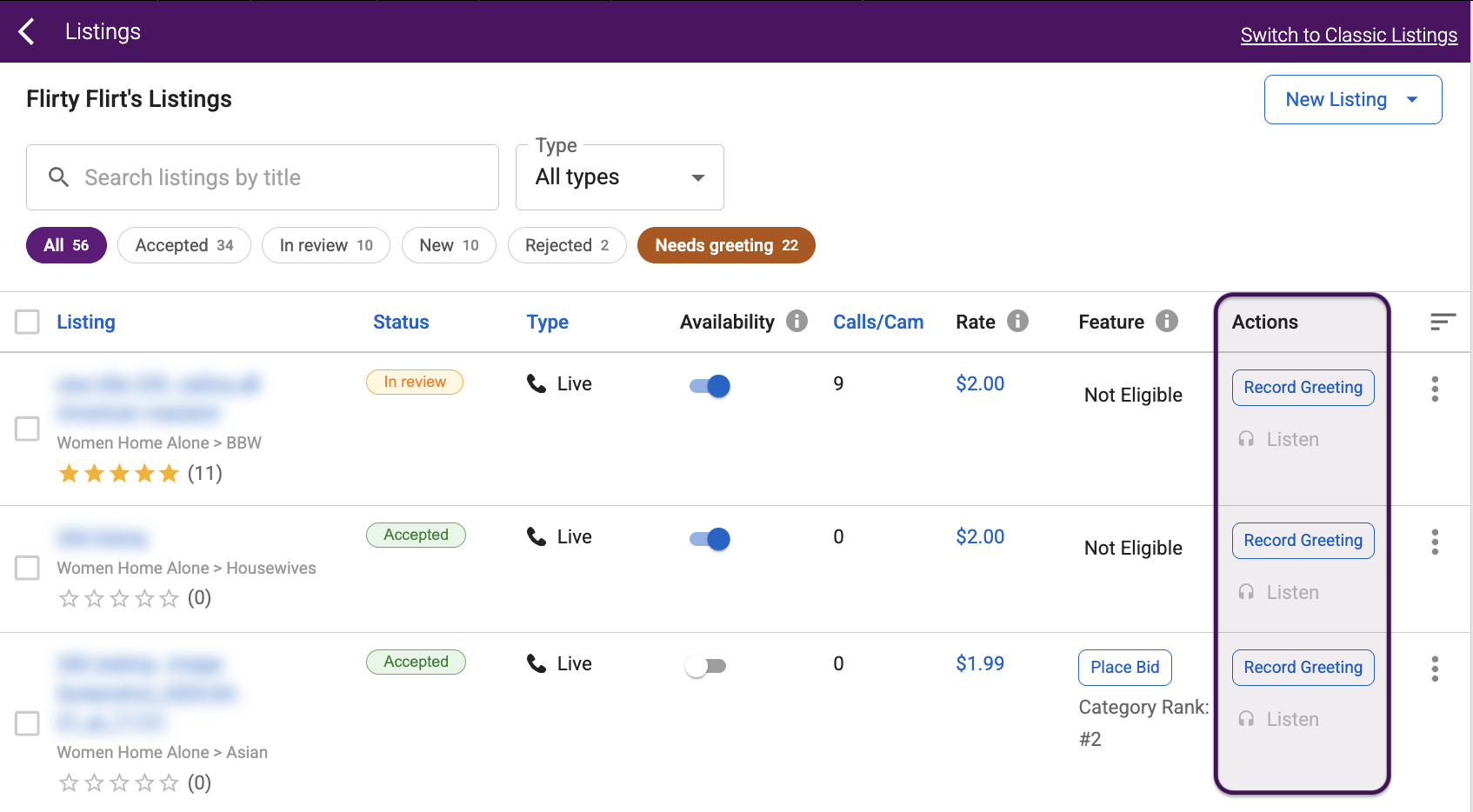 Listings page showing Record Greeting in the Actions column