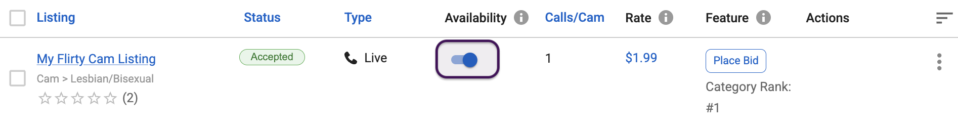 Listings page showing the Availability toggle turned on for a Live Listing