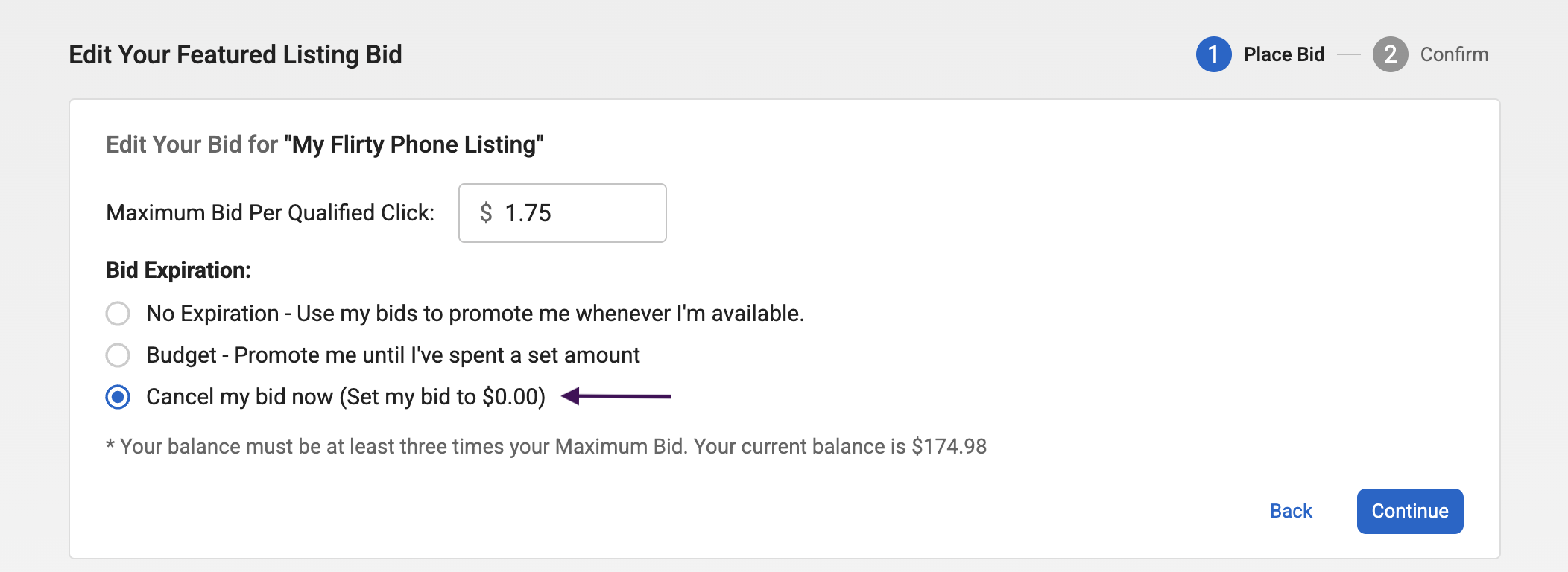 Edit Bid Page - Cancel Bid