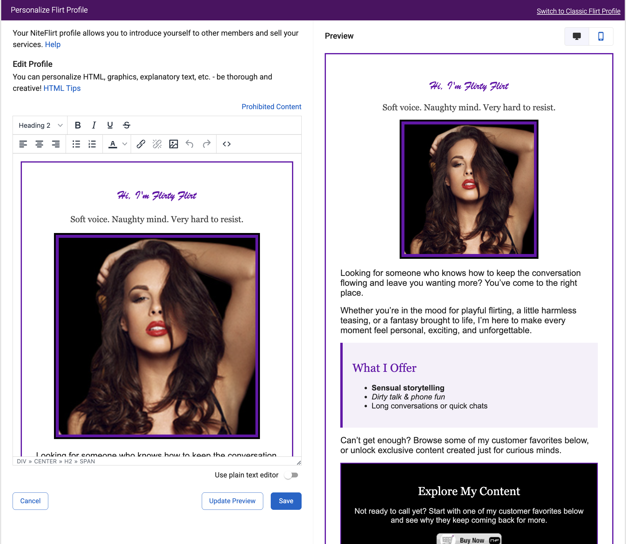 Personalize Flirt Profile page showing the Rich Text Editor and Profile Preview