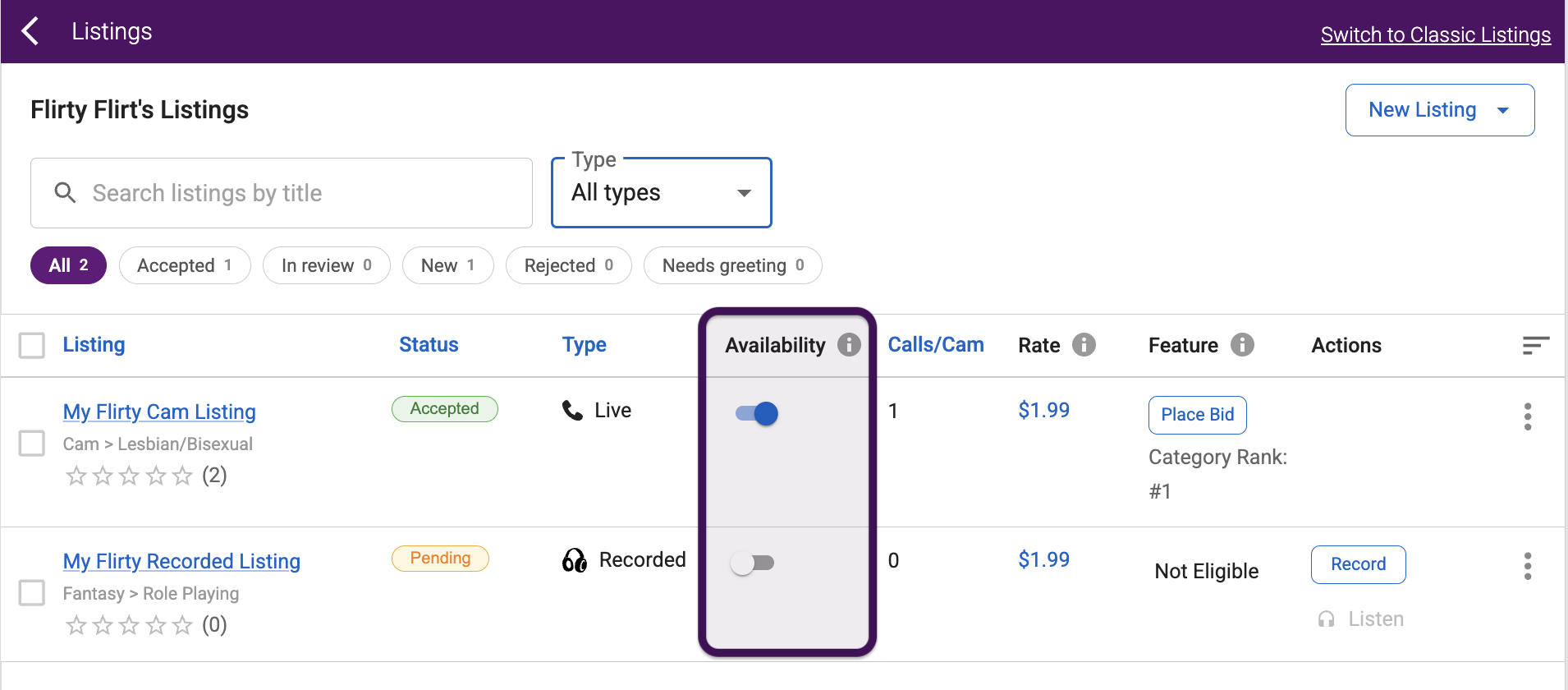 Listing Availability