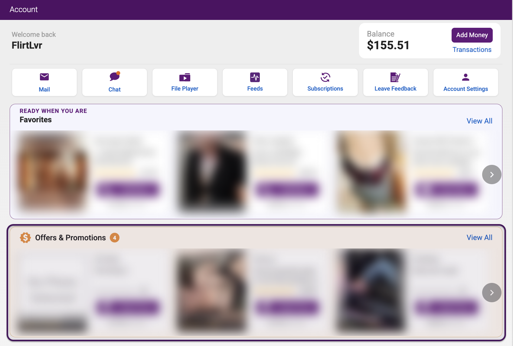 Account page showing the Offers and Promotions section
