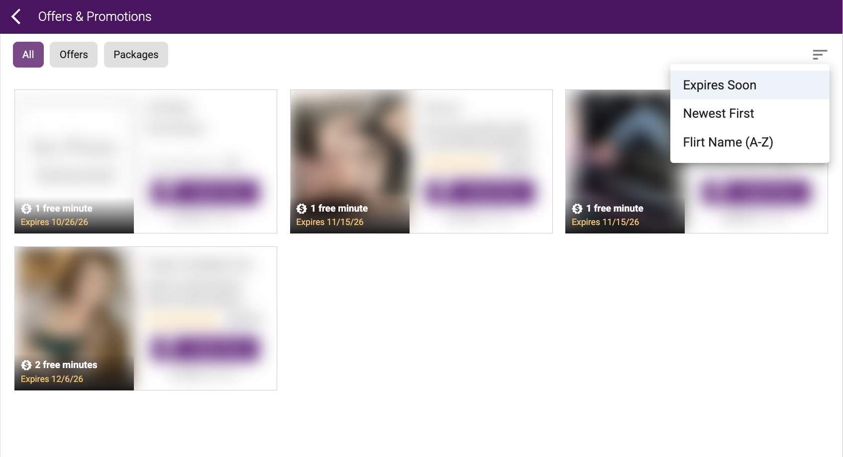Offers and Promotions page showing filters and sorting options
