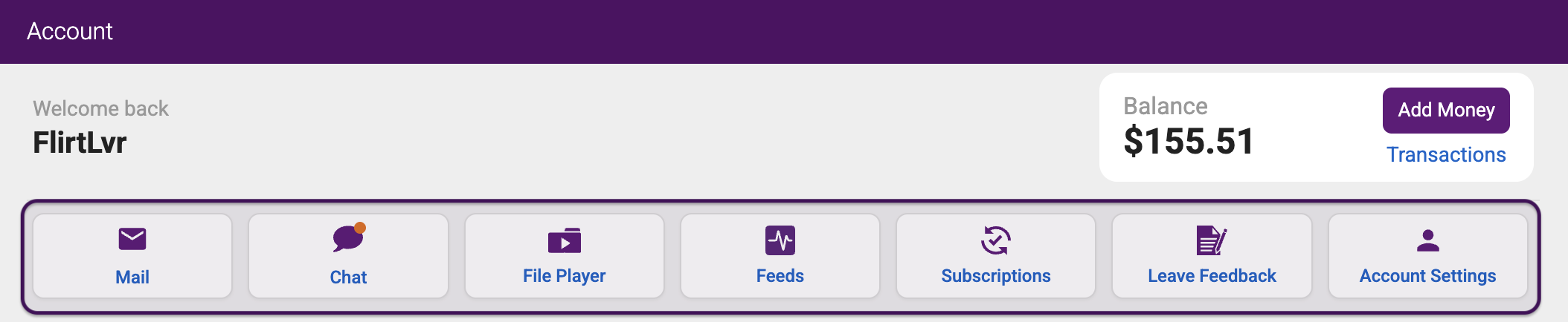 NiteFlirt Account page showing account tools