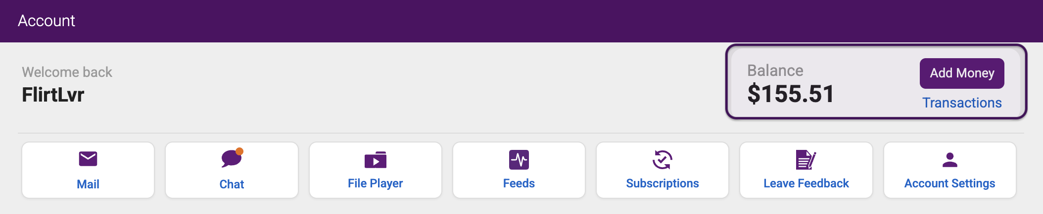 NiteFlirt Account page showing Balance and Transactions link