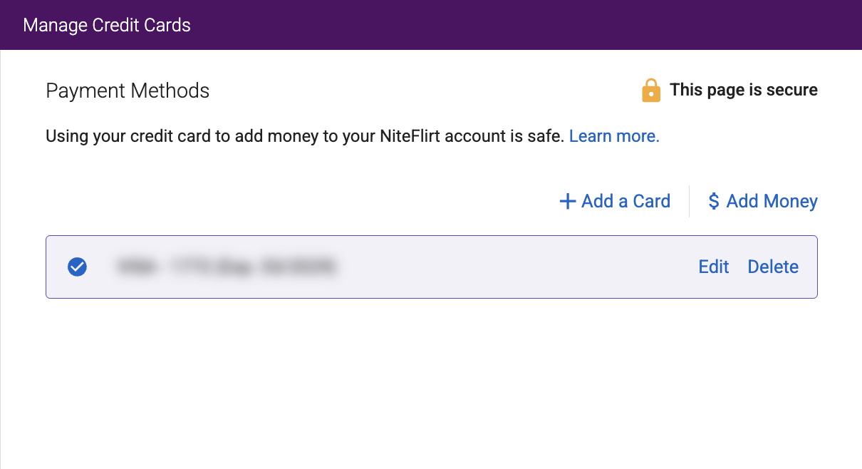 Manage Credit Cards Page