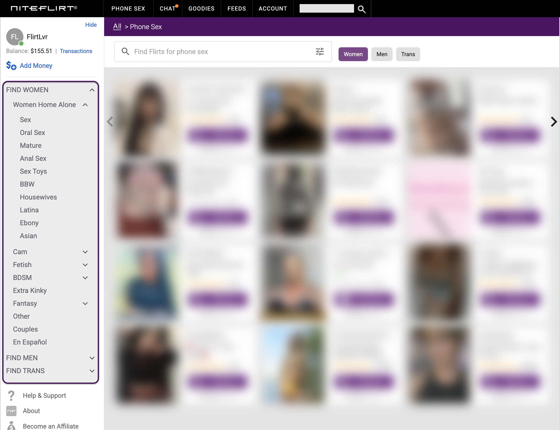 Browse NiteFlirt categories using the left navigation menu
