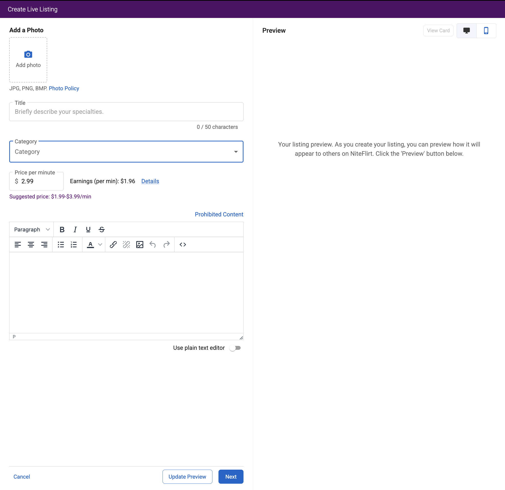 Create Live Listing page