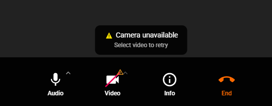 Cam Session showing Camera unavailable warning with a red slash through the video button and an amber warning triangle